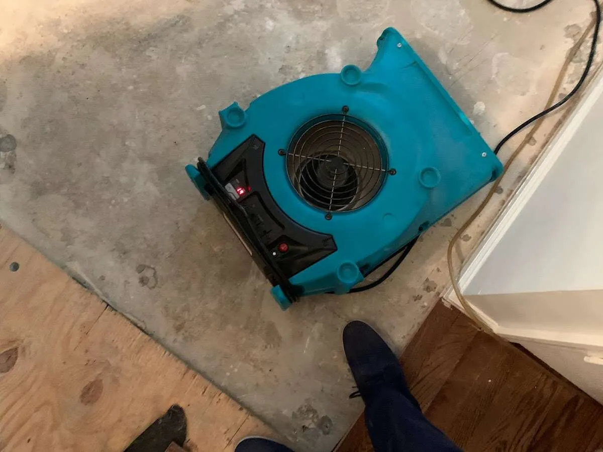 Air mover drying subfloor during Leak Detection & Repair in Rockford